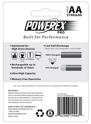 MAHA Energy Powerex AA MHRAA4PRO 2700 mAh 4-Pack Rechargeable Batteries