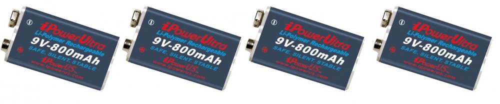 iPowerUS 9 volt 800mAh Li-Polymer Rechargeable Battery - 4 Pack